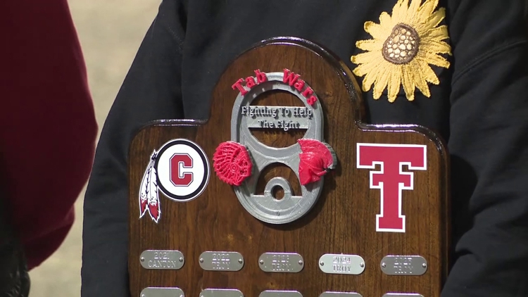 Students from Troy and Canton Area High Schools celebrate their record-breaking achievement for collecting pop tabs.
